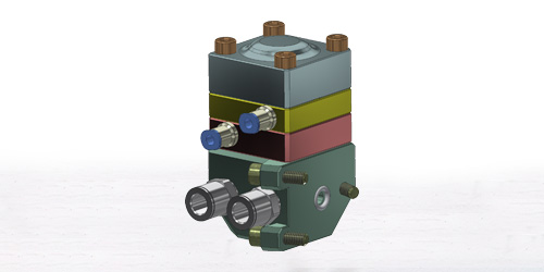 Visualizzazione testa di miscelazione a bassa pressione con due raccordi per componenti e valvole