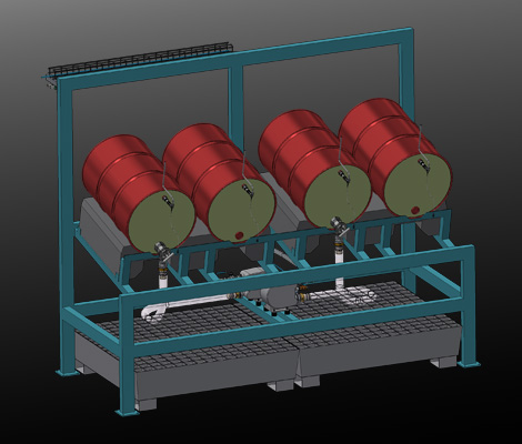 Visualisierung Fassstation-Materialstation mit vier Fässern zur industriellen Entleerung