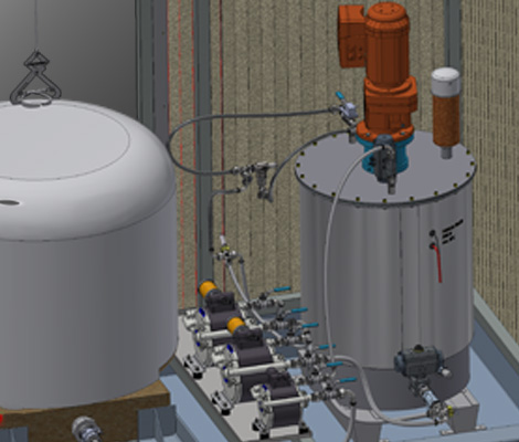 Visualizzazione stazione sacca fluidi con serbatoio di stoccaggio e tubi di collegamento