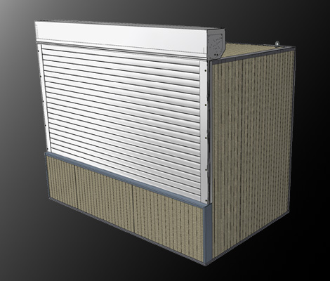 Disegno del prodotto Vista esterna della stazione industriale per contenitori IBC con porta avvolgibile chiusa