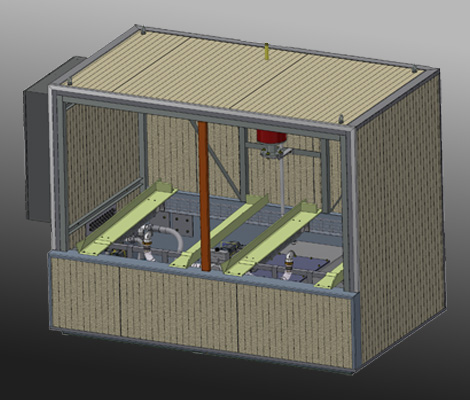 Disegno di una stazione di contenitori IBC industriali aperta con tubazione di collegamento e tecnologia di pompaggio