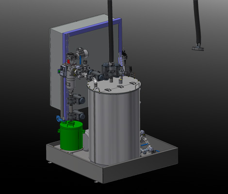Visualizzazione della stazione di materiale con serbatoio giornaliero con tubazioni e valvole collegate