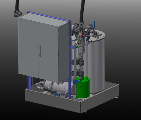 Visualisierung Tagesbehälter-Materialstation mit Steuerung und Verrohrung in Produktionsumgebung