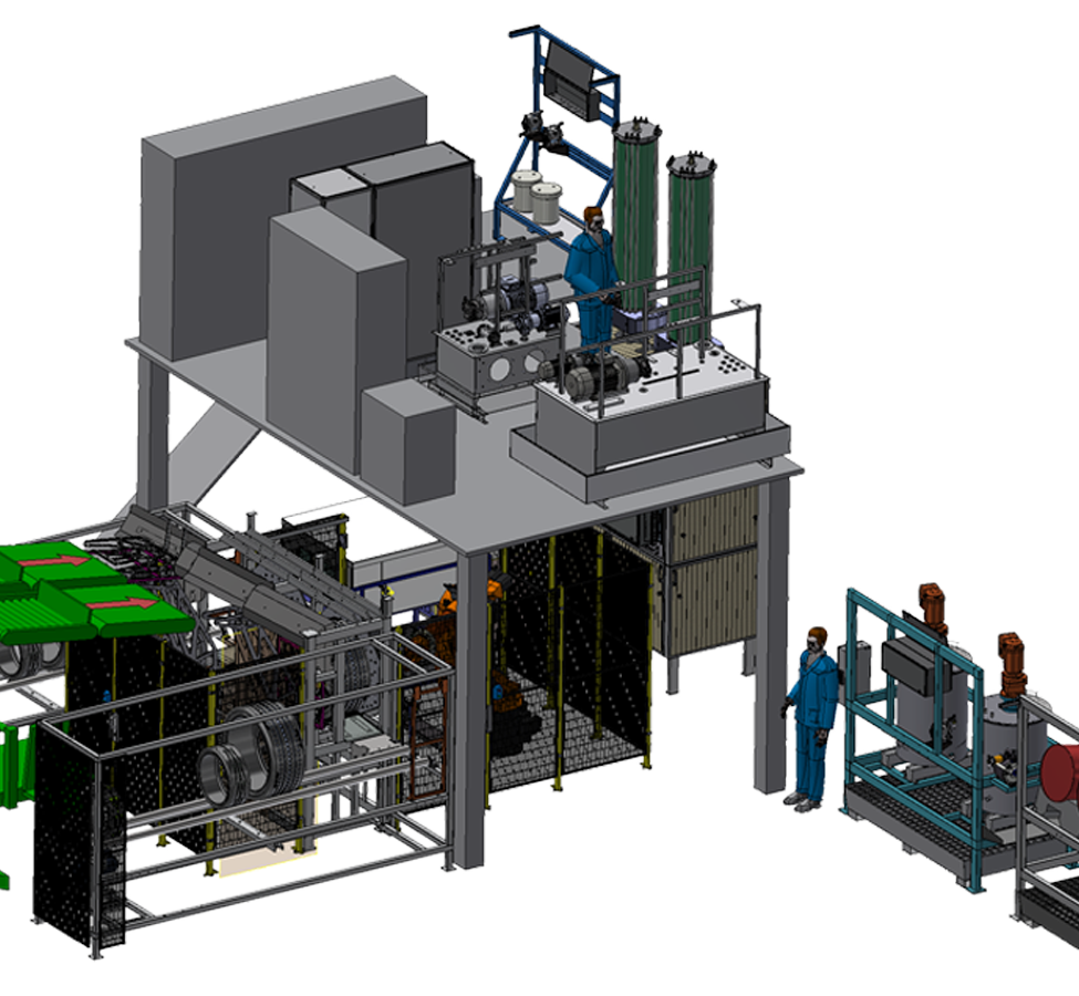 Zeichnung einer Handhabung und Dosierung von 3 flüssigen Komponenten für den Gummi-Mischprozess